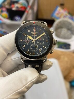 AEROMAT Pilot Mens Watch Vol De Nuit Black Quartz Leather Band White & Yellow 44